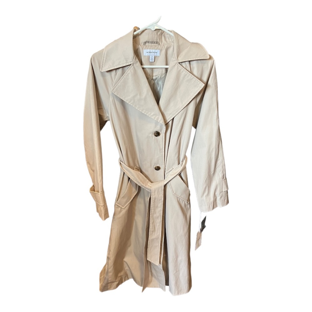 NWT Nordstrom Sz XS Bi-Material Lined Light & Grey Classic Belted Trench Coat